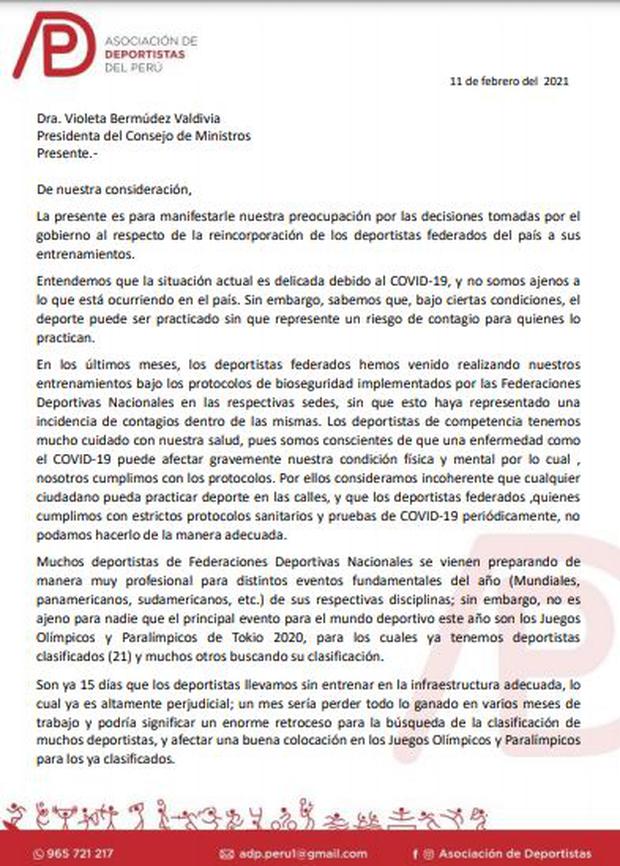 La carta a la Asociación de Deportistas a Violeta Bermúdez.