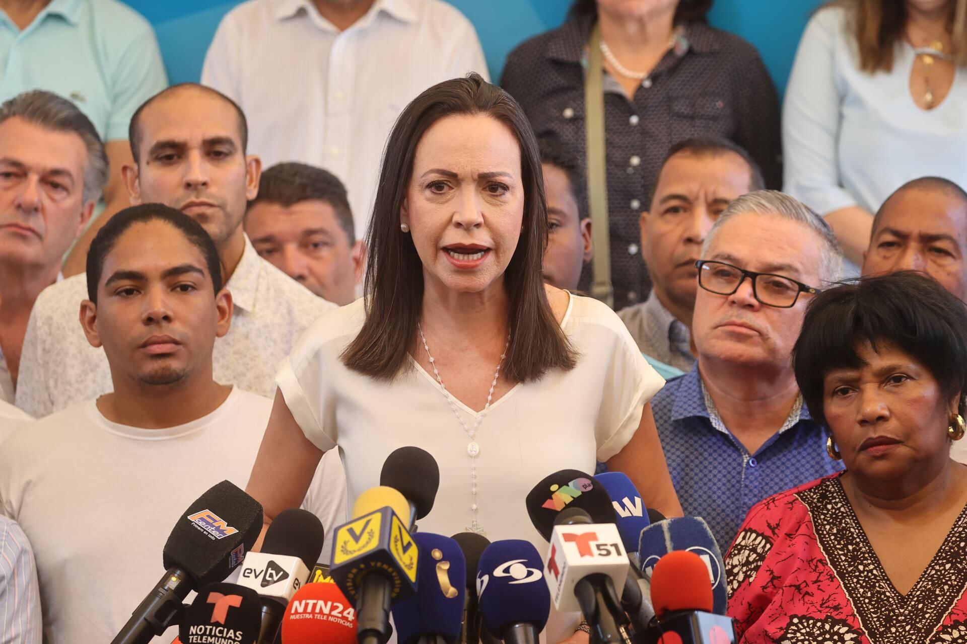 Former deputy María Corina Machado speaks during a press conference this Tuesday in Caracas, Venezuela.  (EFE/Miguel Gutiérrez).