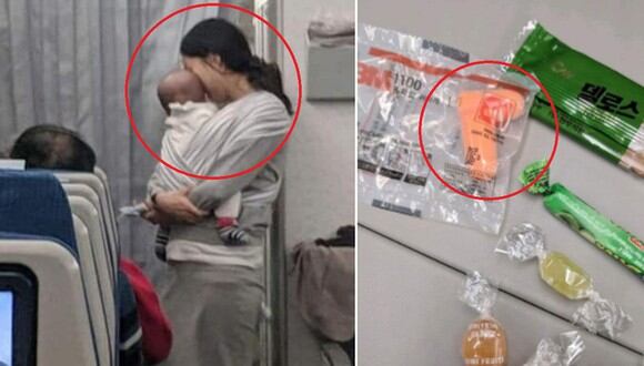 En esta imagen se aprecia a la madre que viajó en avión con su bebé y dio tapones a los pasajeros, además de otras cosas. (Foto: Academia de Cultura Asiática Ninshi / Facebook)