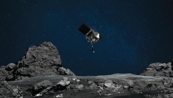 La representación artística muestra la nave espacial OSIRIS-REx descendiendo hacia el asteroide Bennu para recolectar muestras. (Imagen: NASA/Goddard/University of Arizona)