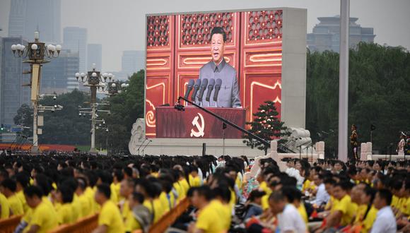 El presidente de China, Xi Jinping, pronuncia un discurso durante las celebraciones del centenario de la fundación del Partido Comunista Chino en la Plaza de Tiananmen el 1 de julio de 2021. (Foto de WANG Zhao / AFP).