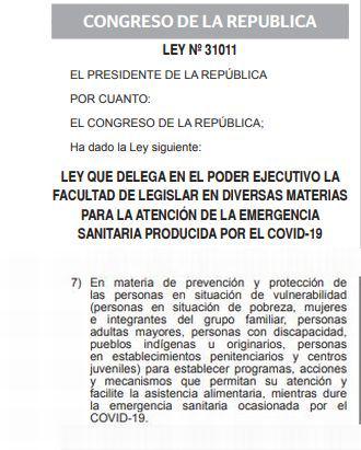 Congresistas señalaron que este punto de las facultades legislativas delegadas al Ejecutivo basta para emitir una norma sobre deshacinamiento de penales, sin la necesidad de presentar un proyecto de ley. (Captura)