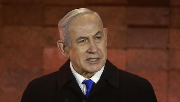 El primer ministro de Israel, Benjamin Netanyahu, habla durante una ceremonia por el Día de Conmemoración del Holocausto el 5 de mayo de 2024. (Foto de Menahem Kahana / AFP).