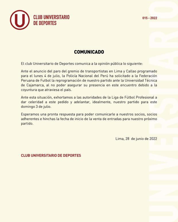 El comunicado de Universitario de Deportes. (Foto: Universitario)
