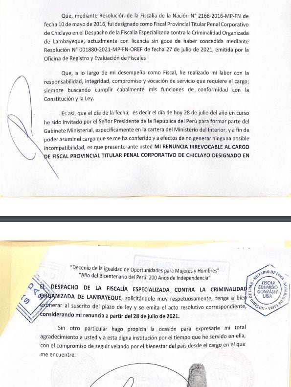 Carta de renuncia al Ministerio Público