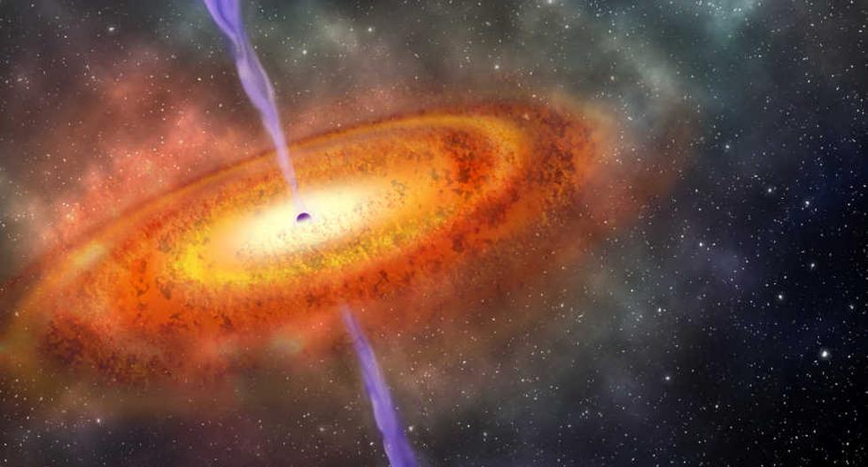 NASA y el agujero negro: concepto artístico del *agujero negro supermasivo* más distante jamás descubierto. Es parte de un cuásar de solo 690 millones de años después del Big Bang. (Foto: Robin Dienel/Carnegie Institution for Science Vía NASA)