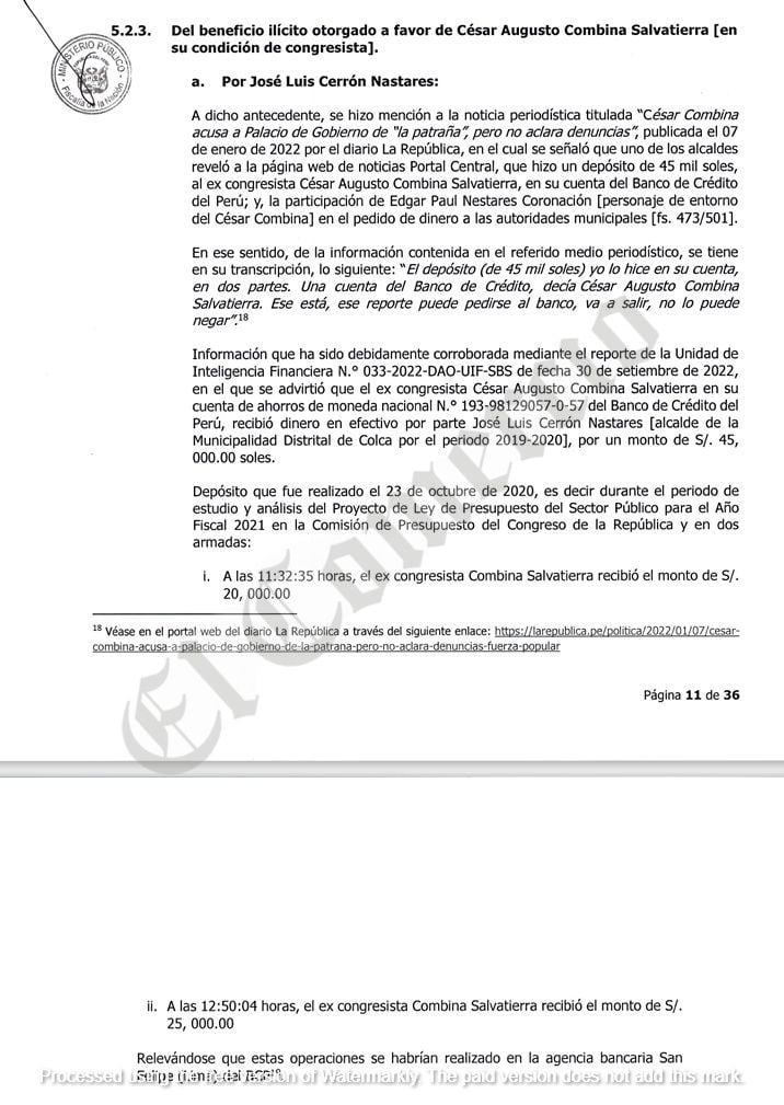 Denuncia constitucional de Fiscalía de la Nación contra César Combina.