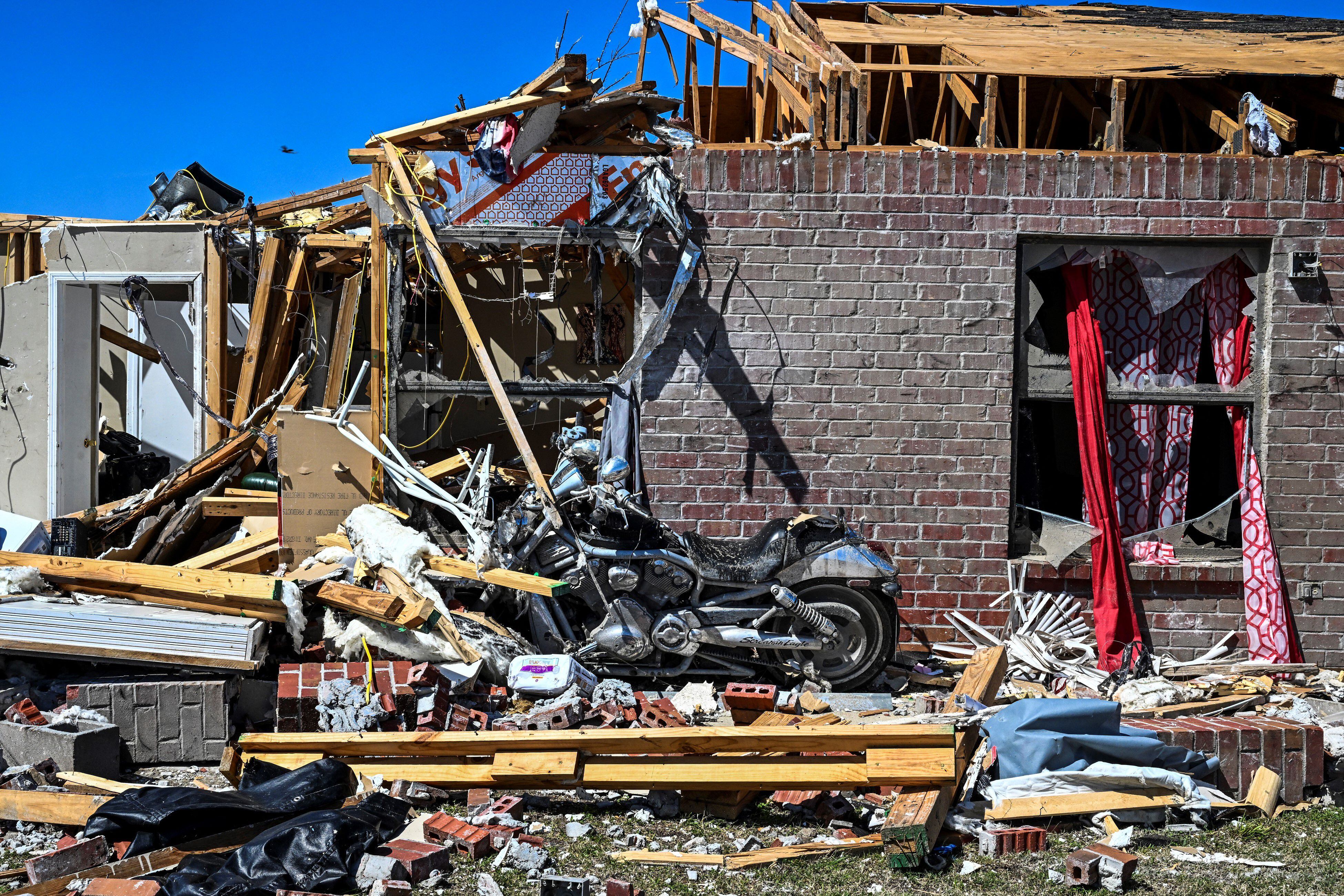 A damaged home is seen in Rolling Fork, Mississippi, after a tornado hit the area.