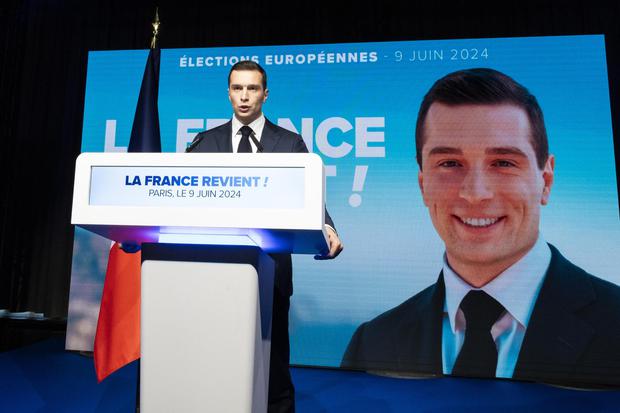 National Rally leader Jordan Bartella delivers a speech on June 9, 2024, after the first results of the European elections in France.  (EFE/EPA/ANDRE PAIN).