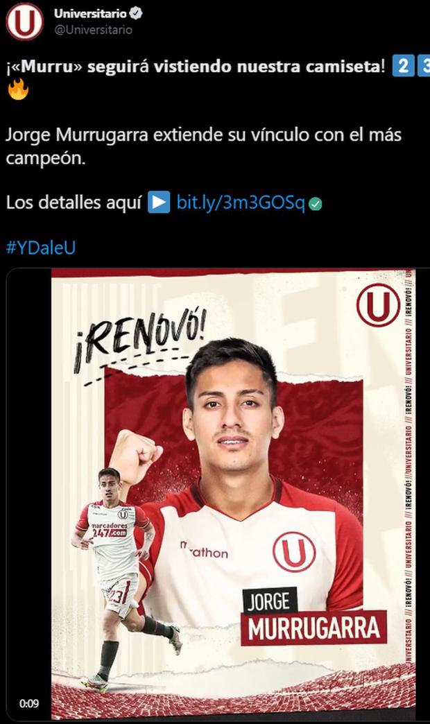 Jorge Murrugarra continuará en Universitario de Deportes hasta finales del 2022. (Captura: Twitter)