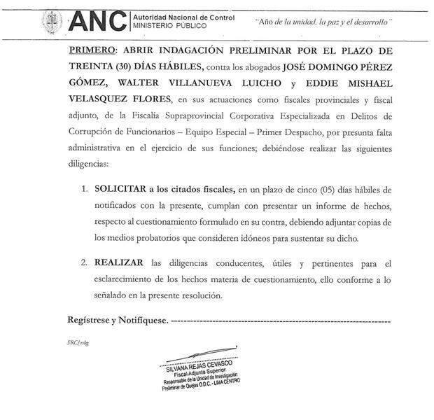 Resolución que abre investigación preliminar al fiscal José Domingo Pérez. (Foto: Ministerio Público)