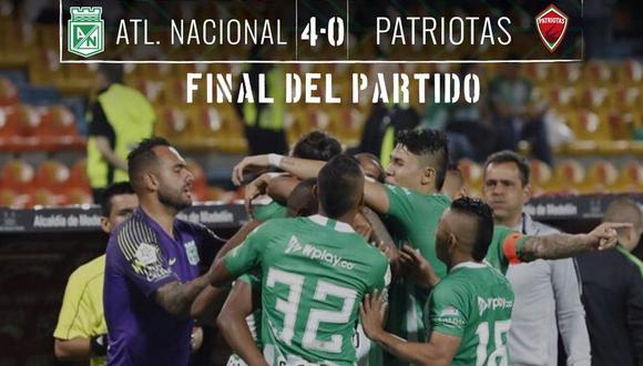 Atlético Nacional escaló a la sexta posición de la tabla, luego de imponerse con autoridad ante Patriotas en el Estadio Atanasio Girardot. (Foto: Twitter AN)