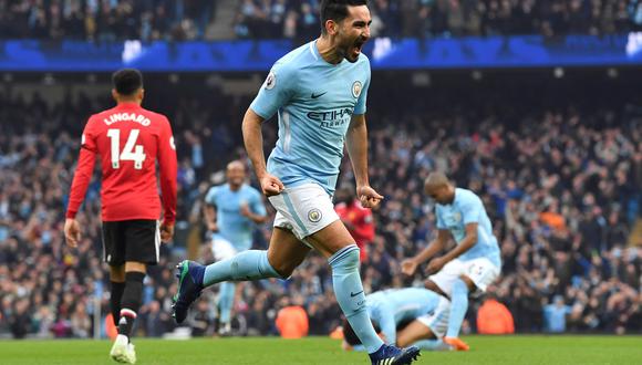 Manchester City ofreció un espectacular primer tiempo ante un apagado Manchester United. El segundo gol del encuentro fue obra de Ilkay Gündogan. (Foto: AFP)