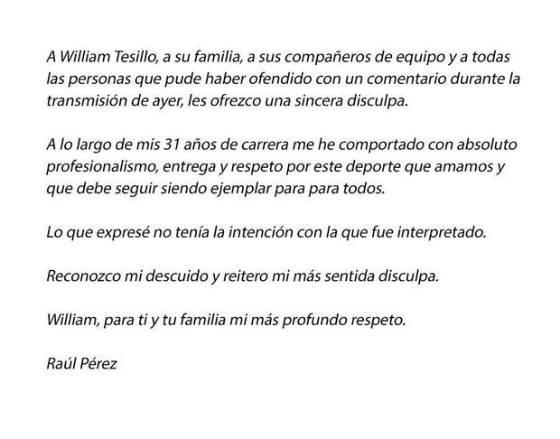 The apologies of the narrator Raúl Pérez to William Tesillo.  (Photo: Twitter)