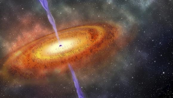 Concepción artística del agujero negro supermasivo más lejano encontrado hasta ahora, que forma parte de un cuásar de solo 690 millones de años después del Big Bang. (Foto: AP)