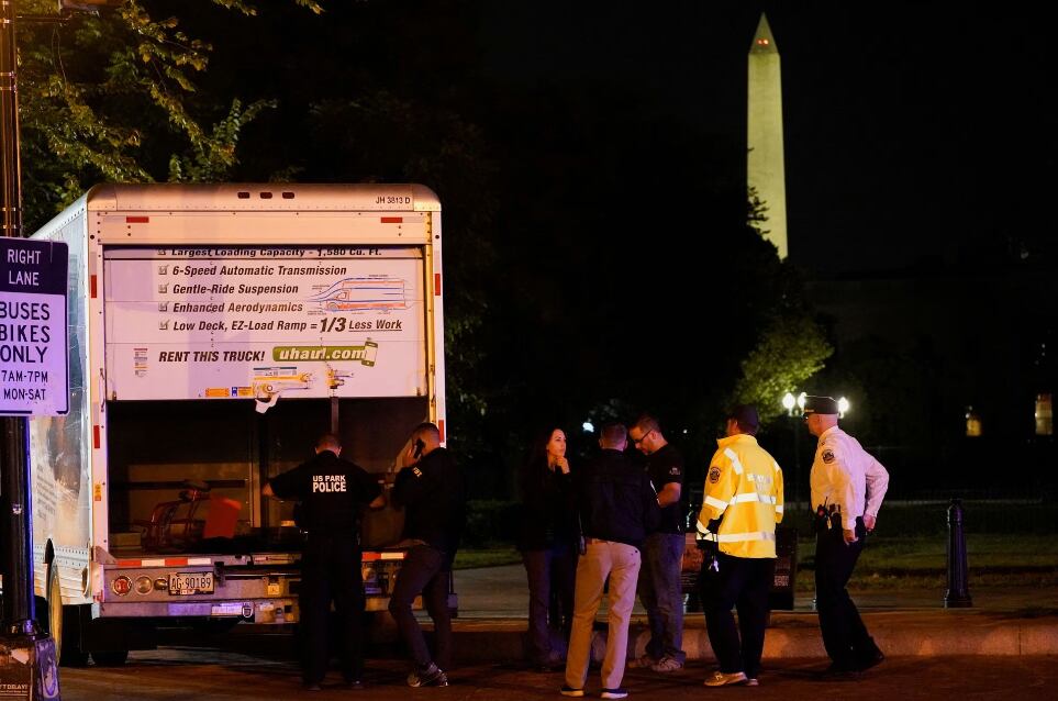 The US Secret Service and other law enforcement agencies investigate a rented truck that crashed into security barriers in Lafayette Park in front of the White House in Washington, US, on May 23. 2023. REUTERS/Nathan Howard