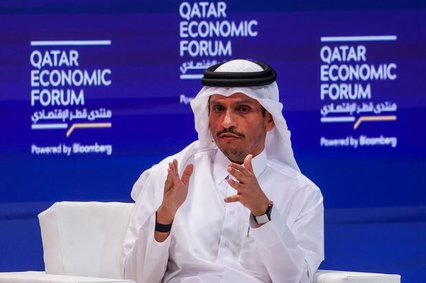 Qatari Prime Minister Mohammed bin Abdulrahman Al-Thani speaks at the Qatar Economic Forum in Doha on May 14, 2024. (Photo by Karim JAAFAR/AFP).