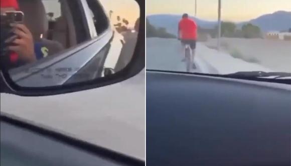 Jóvenes se graban atropellando a un ciclista que transitaba por carretera en Las Vegas. (Captura de video).