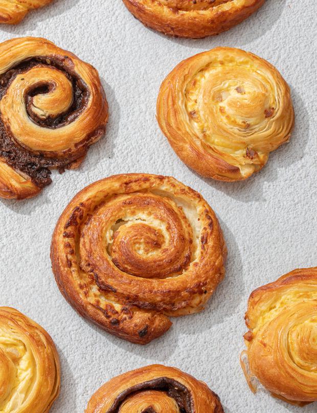 The selection of fresh pastries is baked daily. 