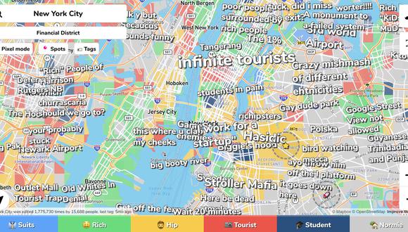 El mapa de Nueva York es el que aparece cuando ingresas a la página web de Hoodmaps. | (Foto: Captura de pantalla)