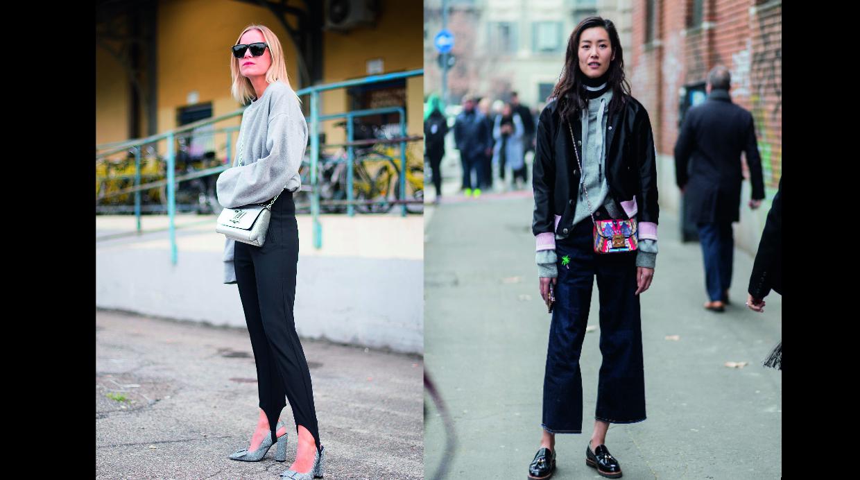 Foto 1: "Si combinas varias piezas grises, opta por crear armonía jugando con los tonos y texturas", comenta la diseñadora Paola Gamero. Foto 2: Un cuerpo rectangular puede optar por unos pantalones acampanados, para siluetear la figura.