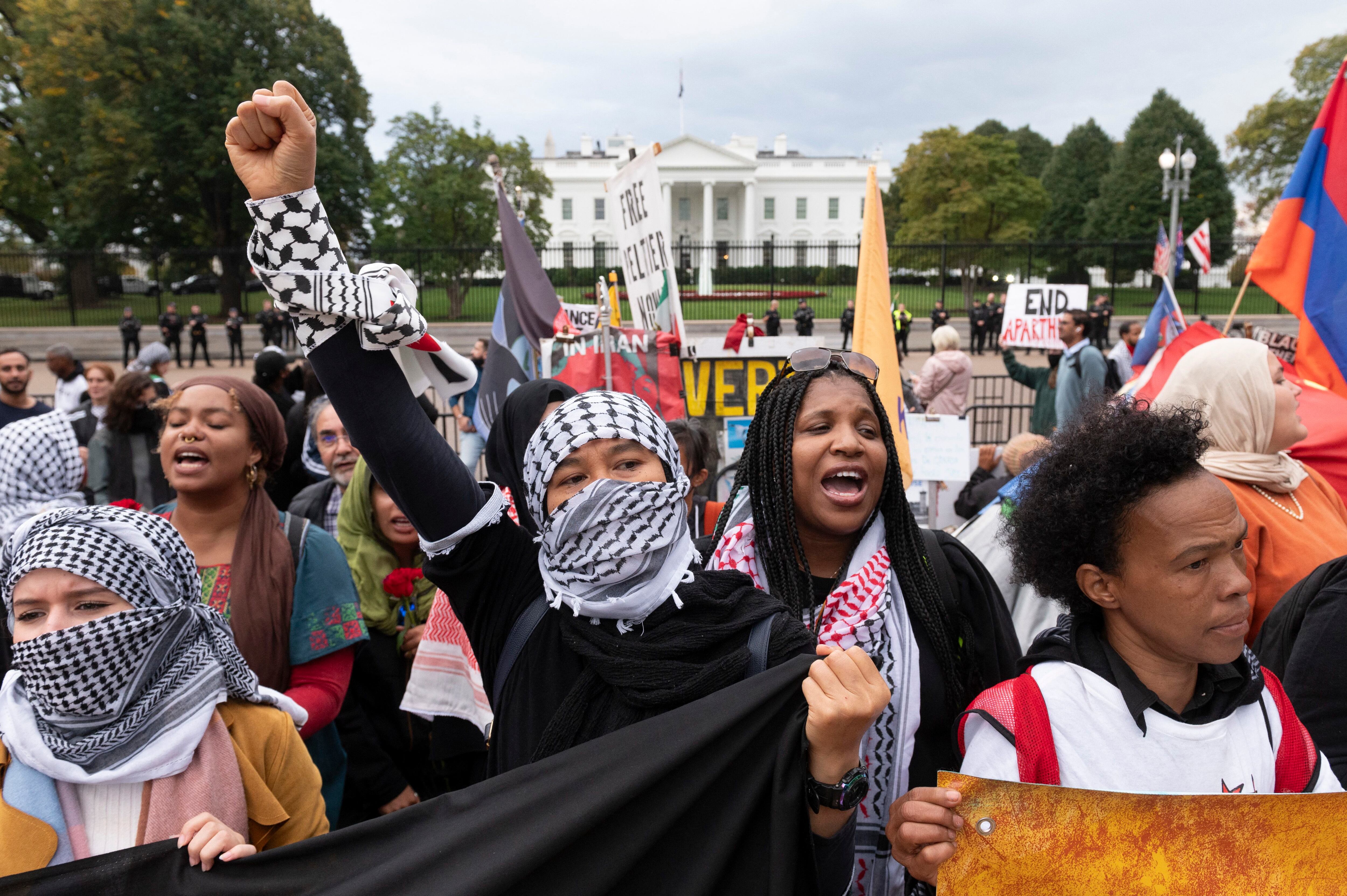 Protesters protest against Israel's military operations in Gaza in front of the White House on October 20, 2023. (Photo by ROBERTO SCHMIDT/AFP).