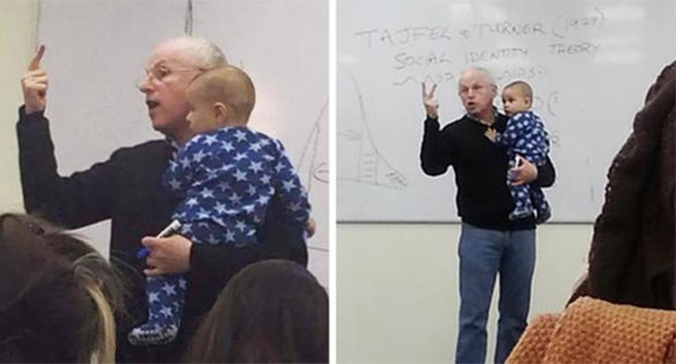 Profesor carga a bebé que lloraba y sigue dando clase. (Foto: Twitter)