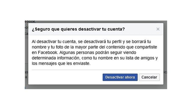 Cuando desactives tu cuenta todas las cosas que has compartido desaparecerán y tu red social se cerrará. (Foto: Facebook)