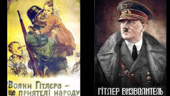 Carteles de propaganda nazi para el RKU con inscripciones en ucraniano: "Los soldados de Hitler son amigos del pueblo" (izquierda); "Hitler el Libertador" (derecha).