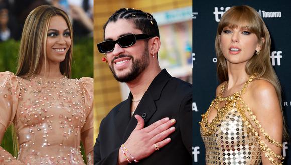 Beyoncé (izquierda), Bad Bunny (centro) y Taylor Swift (derecha) se ubican entre los nominados a los American Music Awards 2022. (Fotos: AFP)