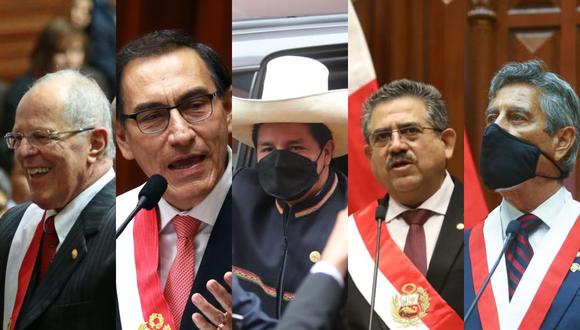 PPK, Martín Vizcarra, Pedro Castillo, Manuel Merino y Francisco Sagasti juraron en un plazo de 5 años. (Foto: GEC / Presidencia)