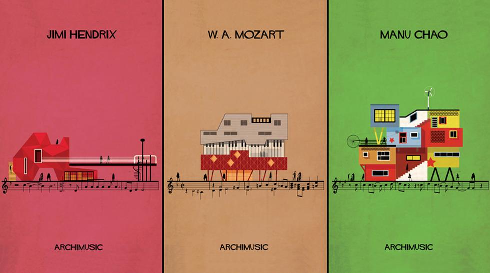 El artista Federico Babina creó Archimusic, una serie de ilustraciones arquitectónicas inspiradas en la música de famosos artistas de todos los tiempos. (Foto: federicobabina.com)