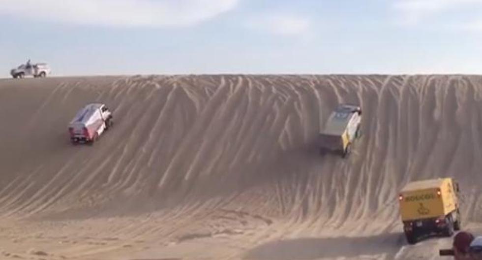 Los camiones del Dakar tuvieron dificultad de pasar la montaña de arena en Perú | Foto: Captura