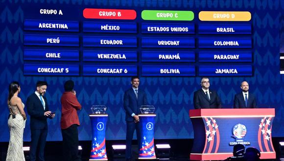 Groups are displayed on screens after the final draw for the Conmebol Copa America 2024 football competition at the James L. Knight Centre in Miami, Florida, on December 7, 2023. (Photo by GIORGIO VIERA / AFP)