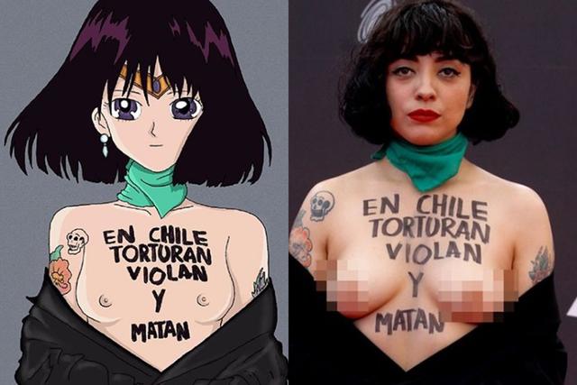 (Izquierda) Arte inspirado en la foto de Mon Laferte, en la alfombra roja de los Grammy Latino. (Derecha) La cantante protestando por los supuestos abusos por parte del gobierno de Chile durante las protestas sociales en ese país.