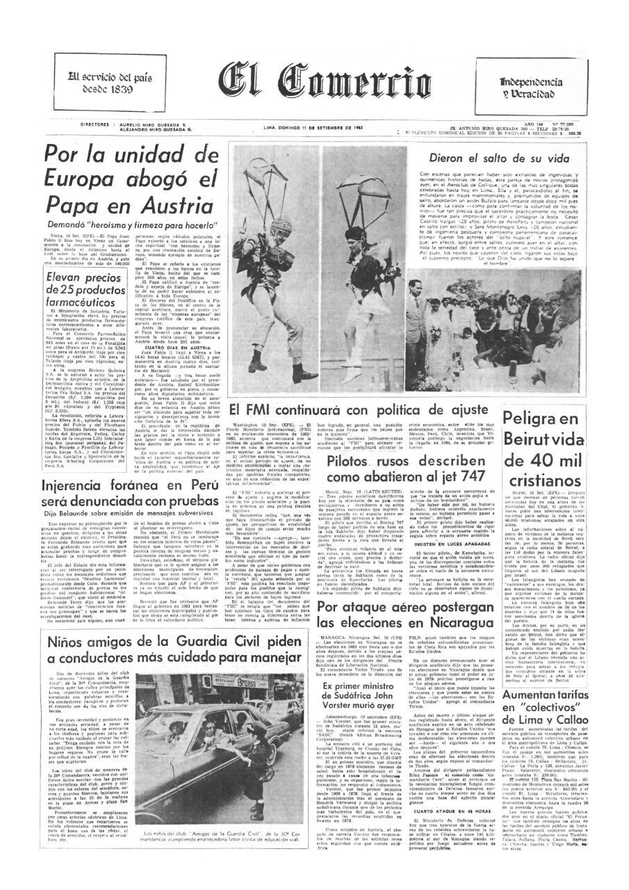 Portada de El Comercio, setiembre de 1983.