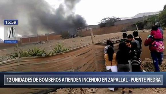 En incendio ocurre en el asentamiento humando Santa Patricia, en el Zapallal. (Captura: Canal N)
