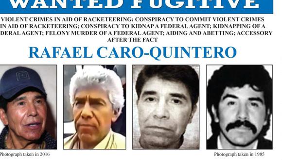 Un cartel de los diez fugitivos más buscados del FBI muestra a Rafael Caro Quintero.