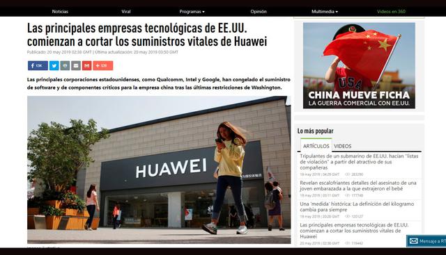 Así informó RT: "Las principales empresas tecnológicas de EE.UU. comienzan a cortar los suministros vitales de Huawei"
