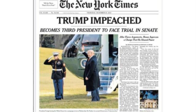 Las portadas de los medios extranjeros sobre la aprobación del juicio político contra Trump. (Foto: The New York Times)
