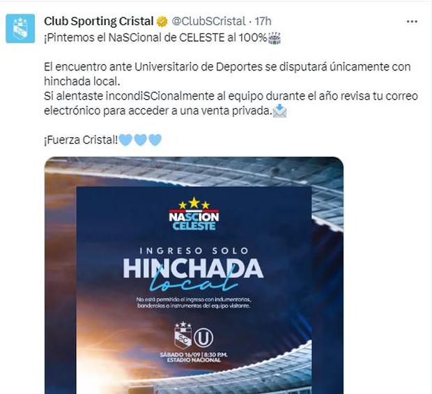 El anuncio que realizó Sporting Cristal en sus redes oficiales