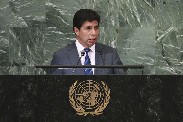 Peruvian President Pedro Castillo Terrones addresses the 77th session of the United Nations General Assembly at the UN headquarters in New York City on September 20, 2022.  (Photo by Angela Weiss/AFP)