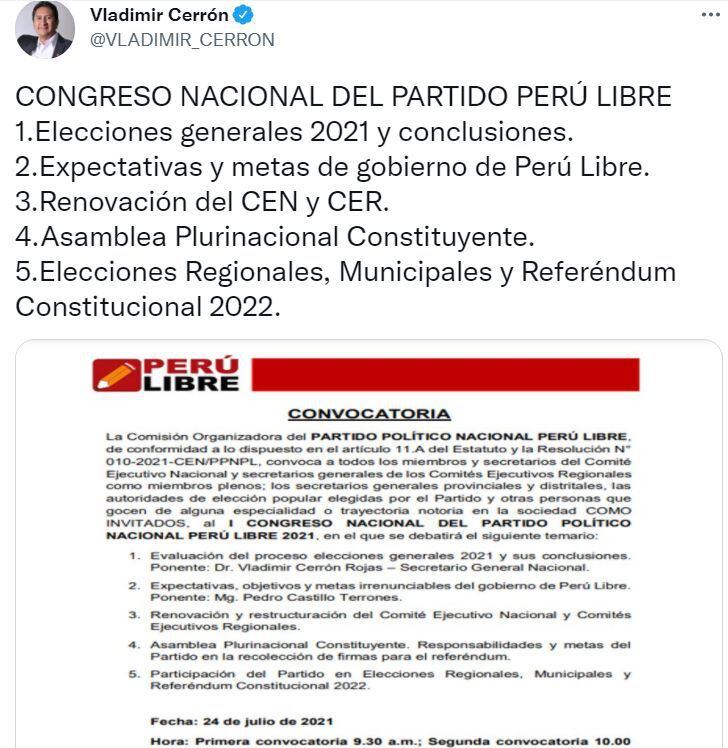 Vladimir Cerrón compartió la convocatoria para el congreso de Perú Libre.