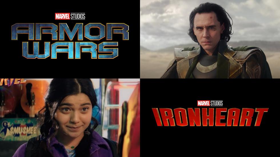 En sentido horario, nuevas imágenes de las series "Armor Wars", "Loki", "Ironheart" y "Ms. Marvel"; reveladas durante el Disney Investor's Day. Fotos: Marvel Studios.