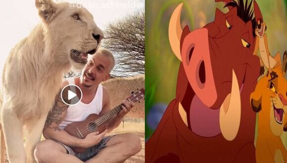 Hombre le canta a 3 leones un tema del éxito de Disney, 'El Rey León' y momento genera controversia en las redes. (Foto: Captura Facebook)
