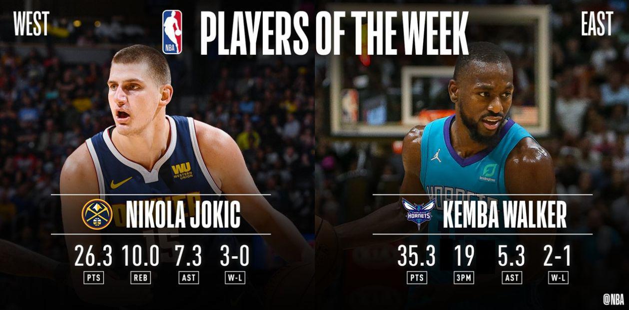 Nicola Jokic de los Denver Nuggets (Oeste) y Kemba Walker de los Charlotte Hornets (Este) han sido nombrados los jugadores de la semana | Foto: NBA