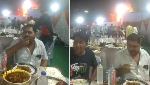 Las imágenes de los invitados comiendo en medio del incendio sorprendieron en las redes sociales. (Imagen: Twitter Mumbai News)