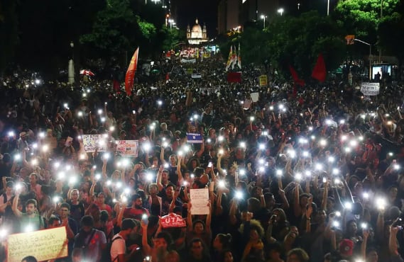 Protest in Brazil against a pension reform by Jair Bolsonaro in 2020.