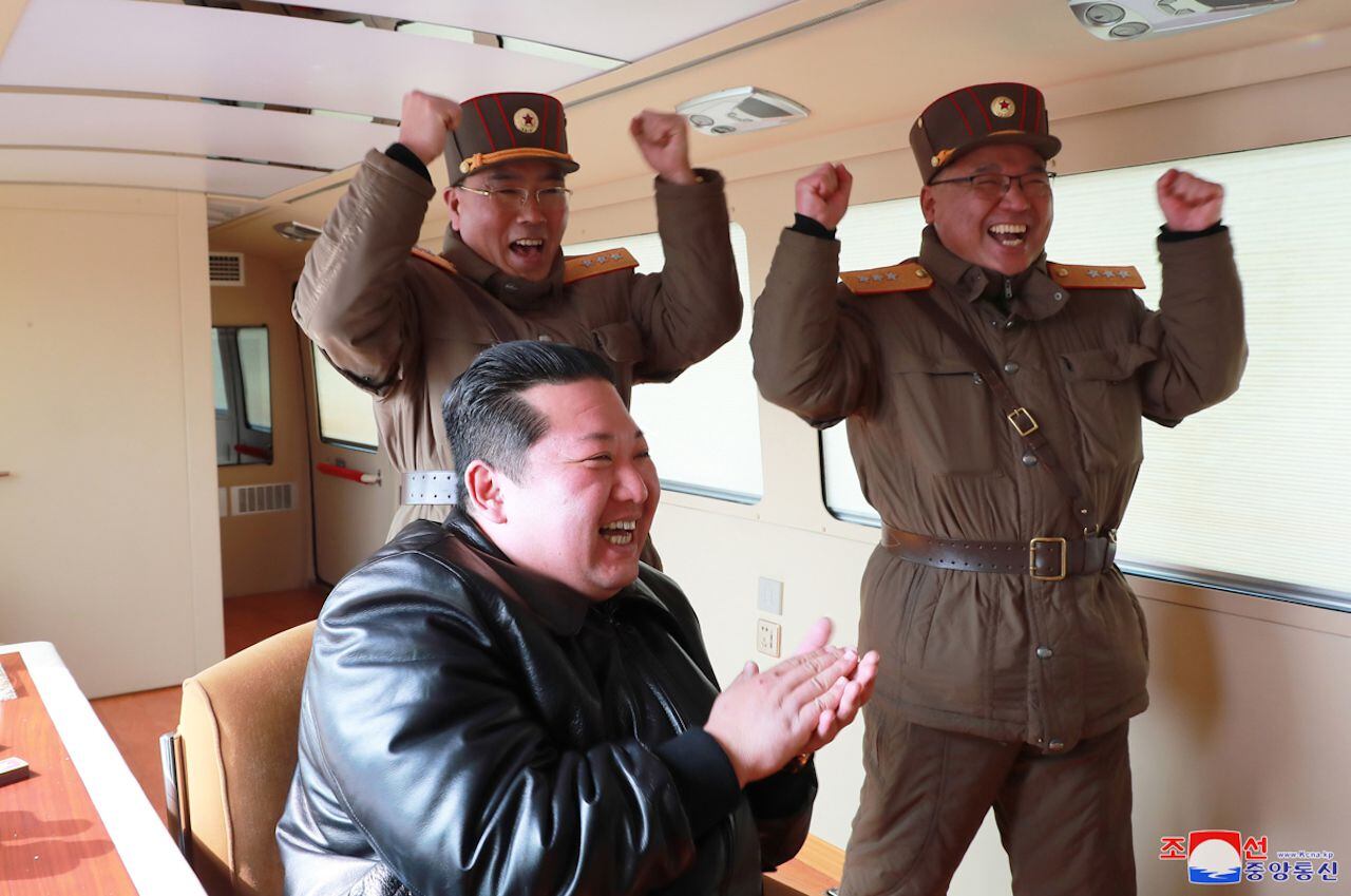 A photo released by the North's Korean Central News Agency (KCNA) shows Kim Jong-un (C), general secretary of the Workers' Party of Korea, chairman of State Affairs of the Democratic People's Republic of Korea (DPRK). and Supreme Commander of the DPRK Armed Forces Jang Chang-ha (left), head of the North National Defense Academy, and Kim Jong-sik (right), deputy director of the Munitions Industry Department, react during the test-launch of a new type of intercontinental ballistic missile Hwasong-17 of the strategic forces of the DPRK that was carried out on March 24, 2022. (Photo: EFE/EPA/KCNA EDITORIAL USE ONLY)