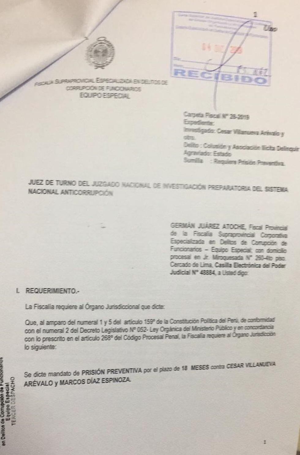 El fiscal Germán Juárez Atoche solicita la prisión preventiva de César Villanueva.